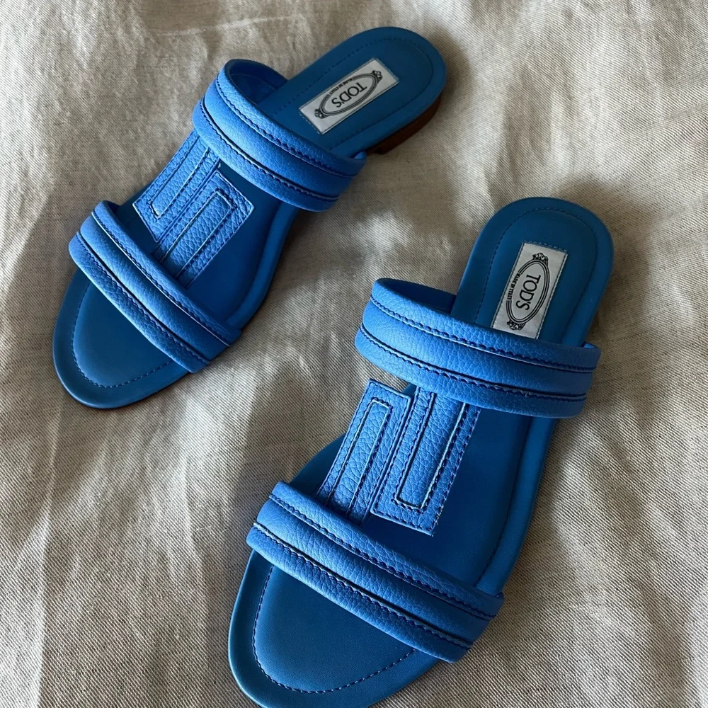 Tod's Bright Blue Leather Slide Sandals